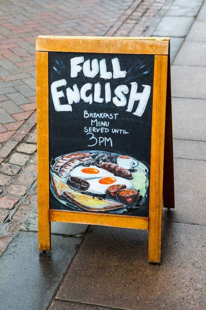 Sandwich board advertising full English breakfasts. 