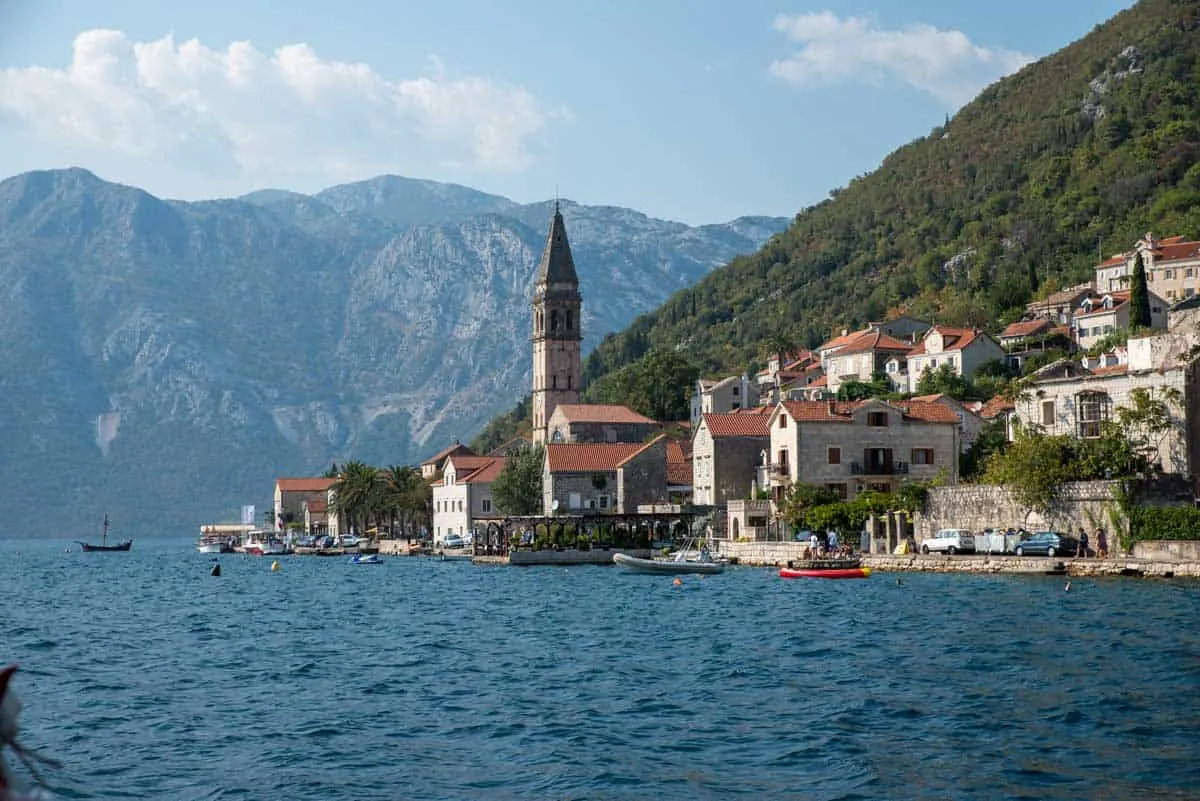 The old town of Perast on the bay of Kotor as seen from sea.