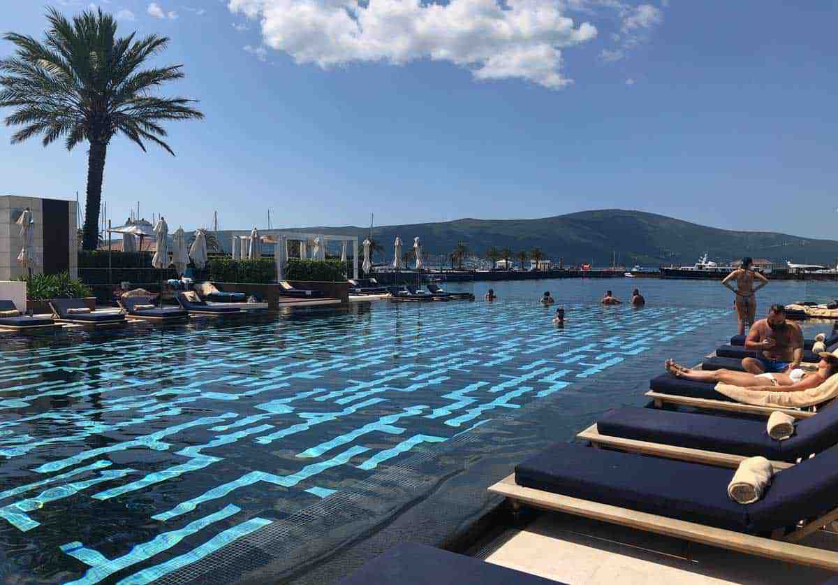 Tourists relaxing at Tivat Beach Club in Montenegro