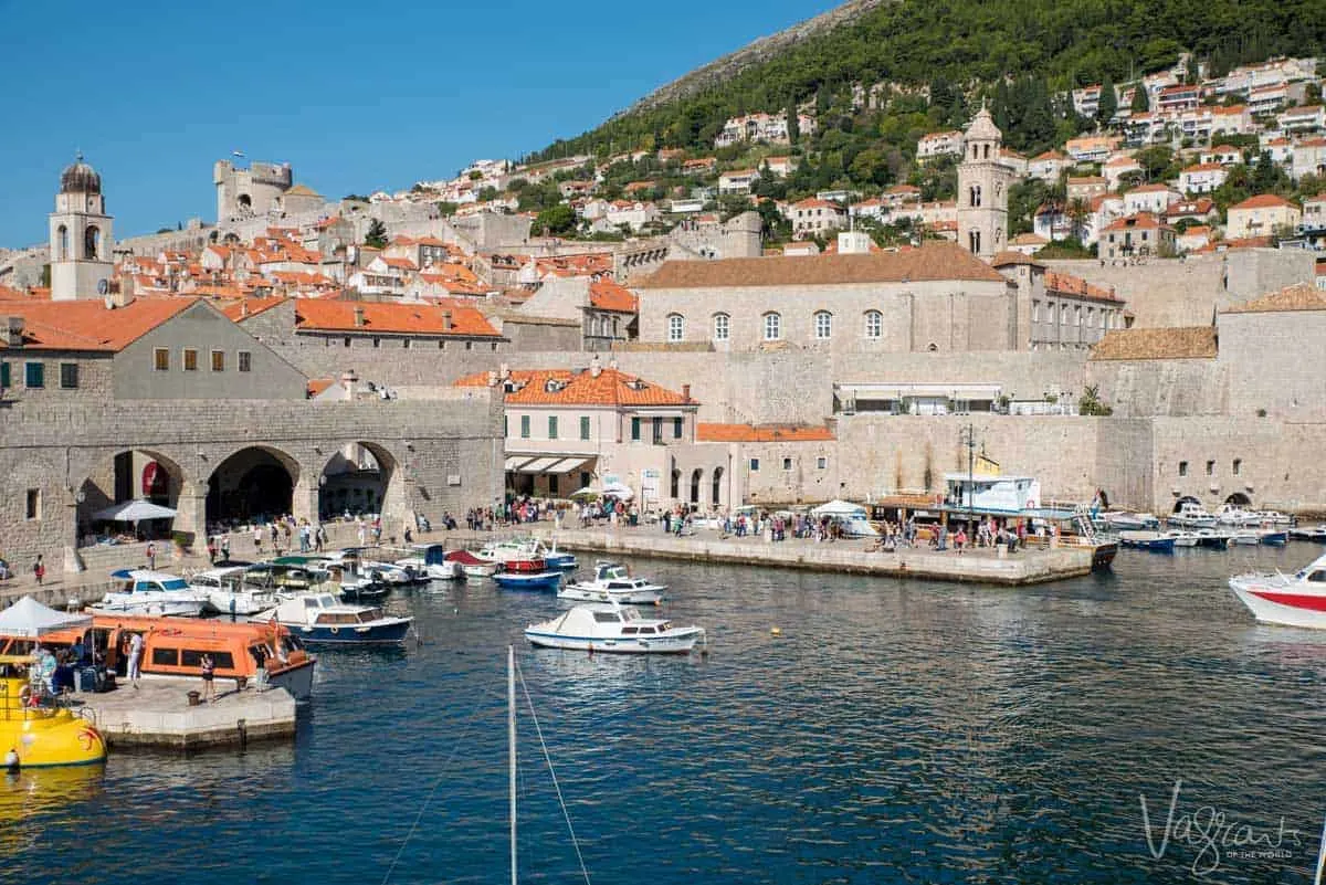 Boats moored in the Dubrovnik harbour outside the walled city.