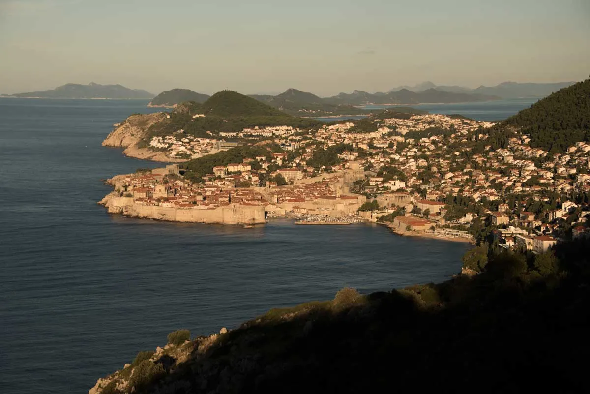 Sunrise over Dubrovnik walled city with the islands of the Adriatic in the background.