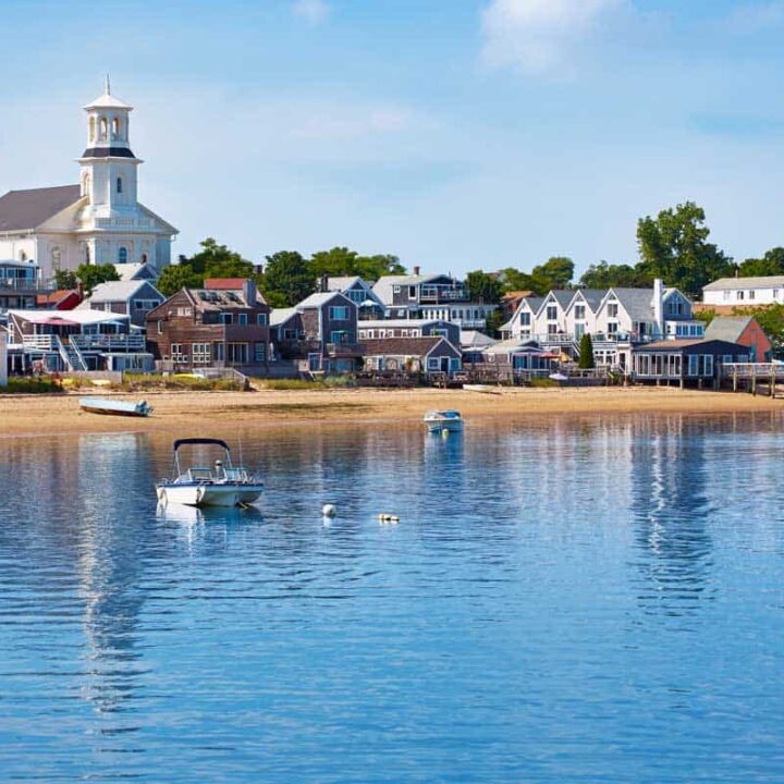 Provincetown Cape Cod and the beach as seen from the water.