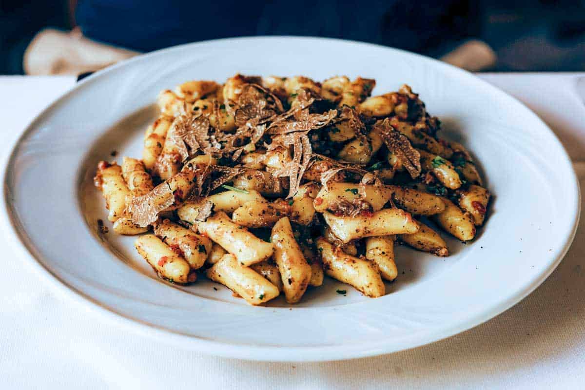 Plate of mushroom truffle gnocchi.