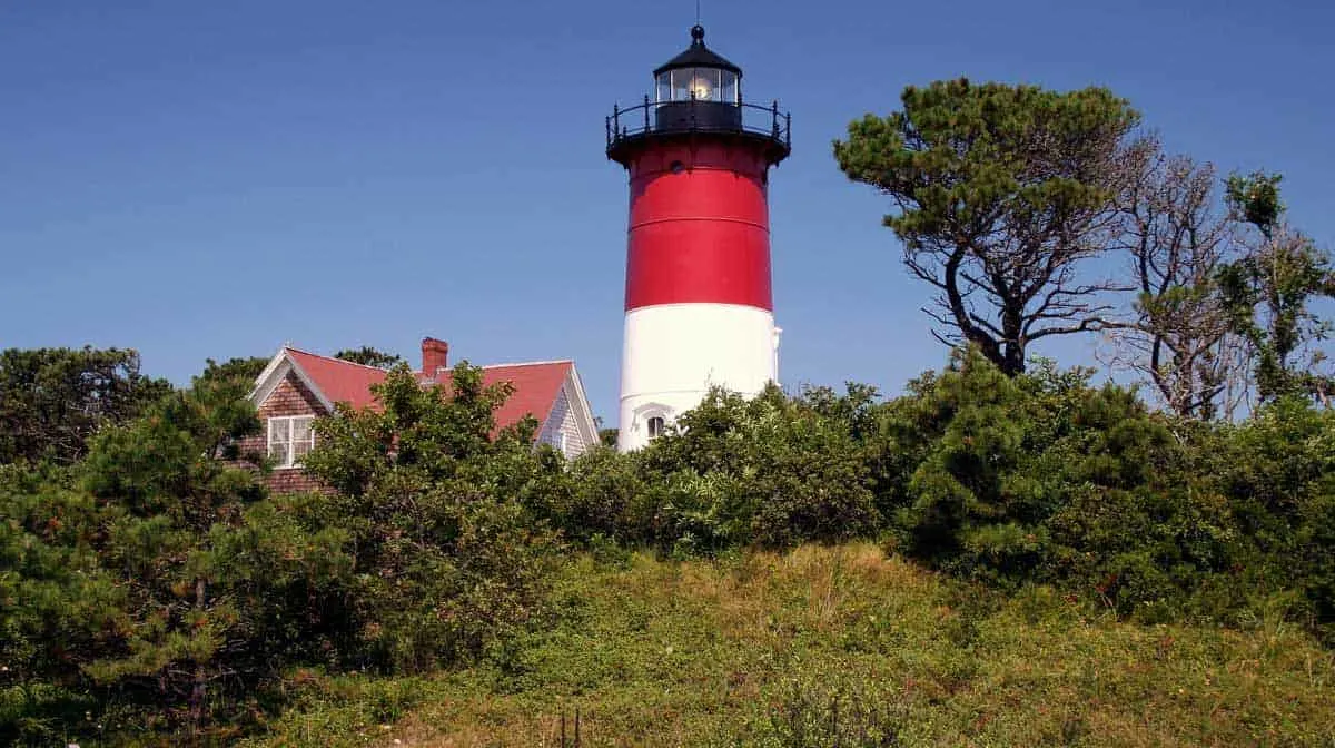 The Nauset Beach red and white lighthouse in Cape Cod.