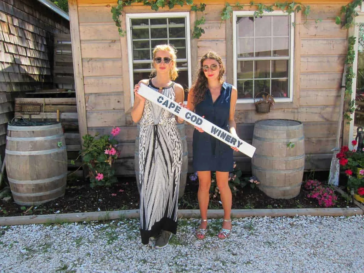 Two attractive young women holding a "Cape Cod Winery sign outside a vineyard.