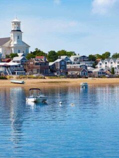 Provincetown Cape Cod and the beach as seen from the water.