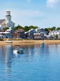 Provincetown Cape Cod and the beach as seen from the water.