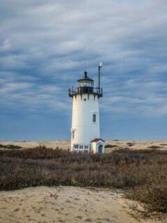 Race Point Lighthouse on Cape Cod at dusk.