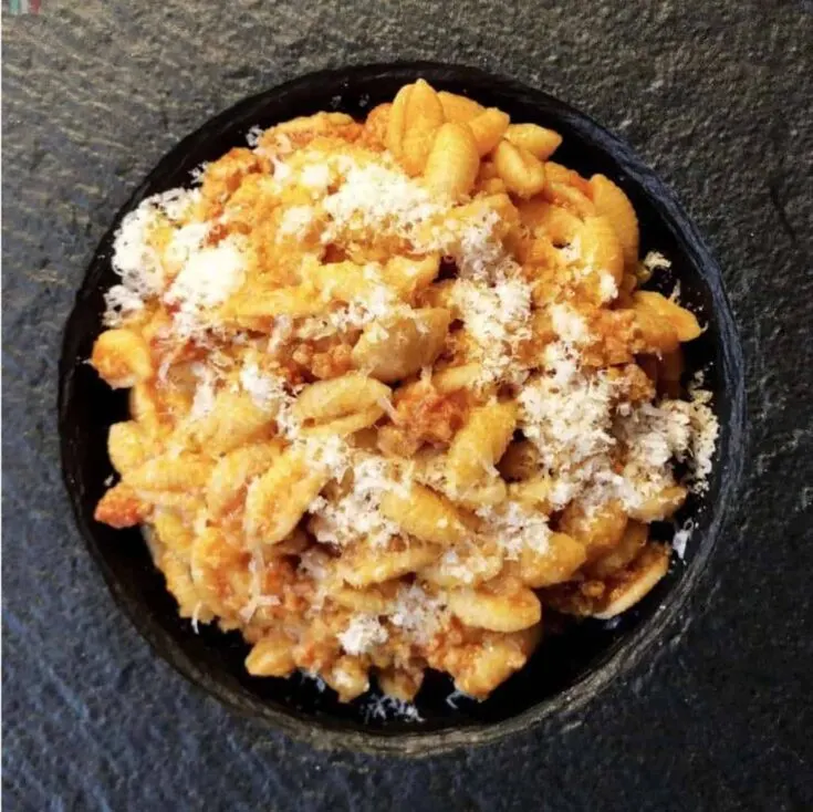 Bowl of Malloreddus gnocchetti, a dish from Sardinia.