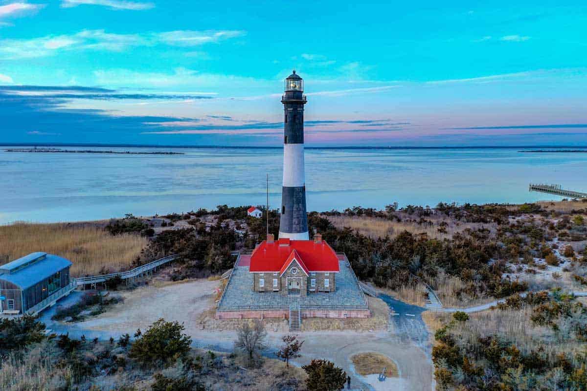 Aerial view of Fire Island lighthouse.