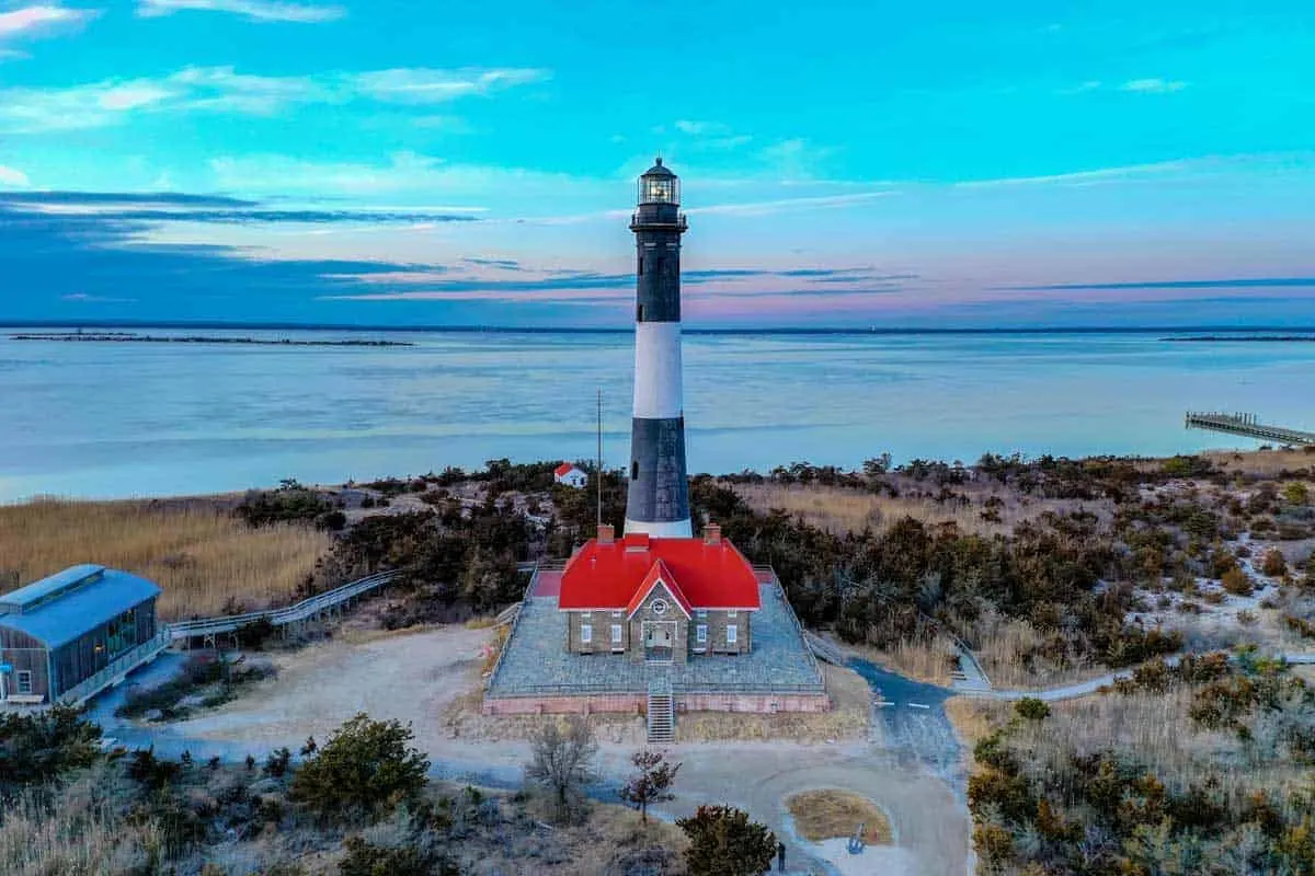 Aerial view of Fire Island lighthouse.