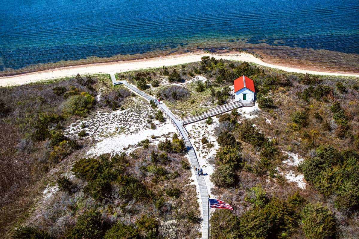 Aerial view over Fire Island boardwalks and beach.