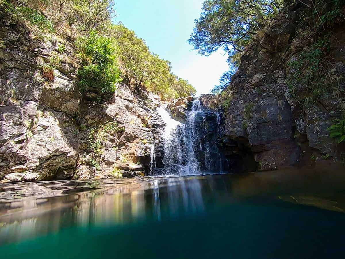 Waterfall and blue lagoon on Madeira.