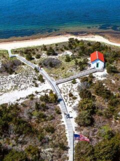 Aerial view over Fire Island boardwalks and beach.