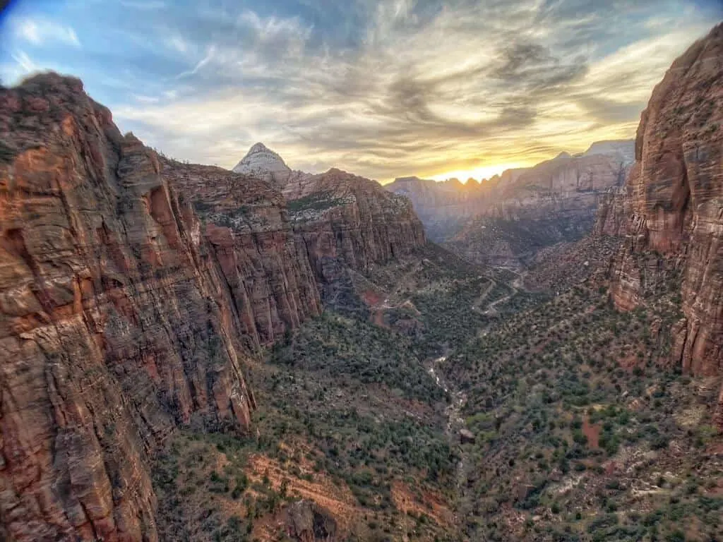 Views over Zion National Park with a dramatic sky.