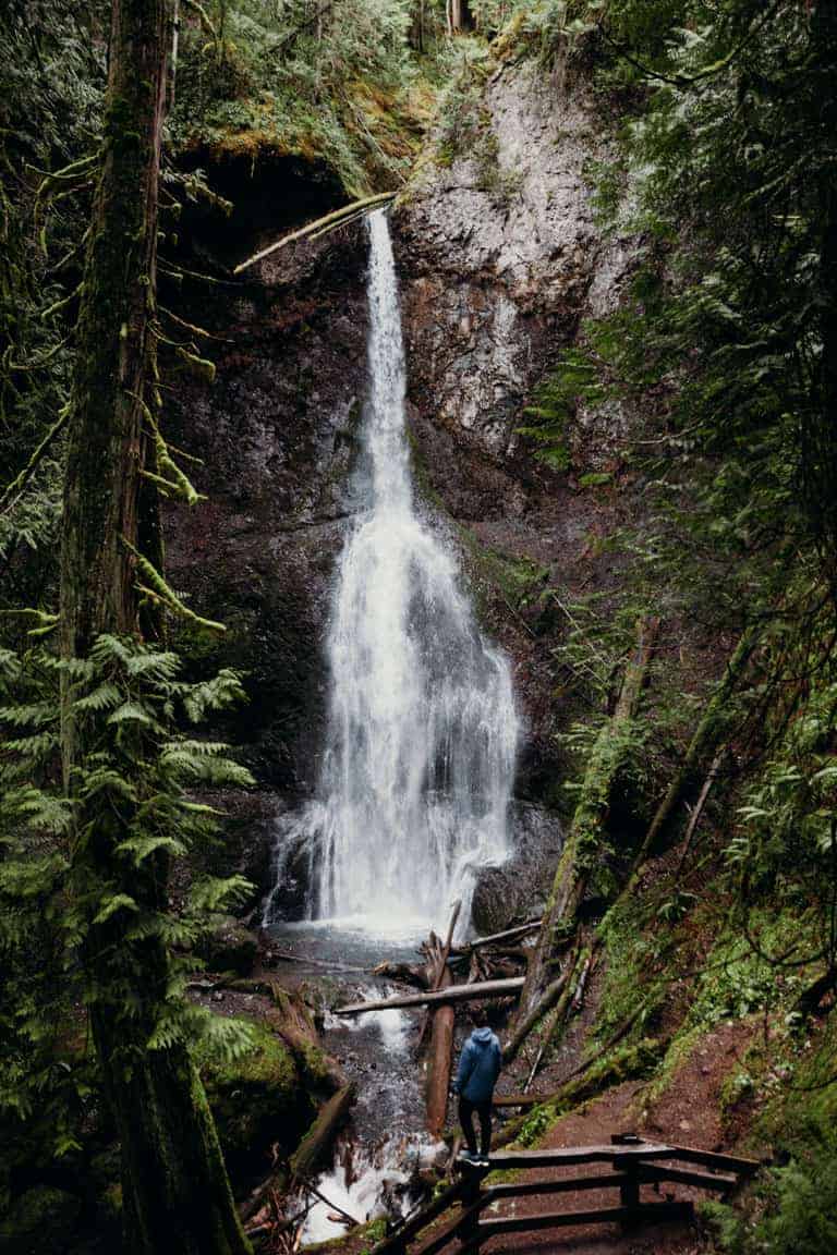 Man standing in front of waterfall.