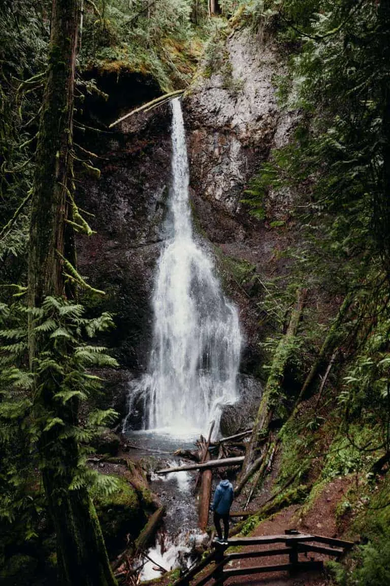 Man standing in front of waterfall.