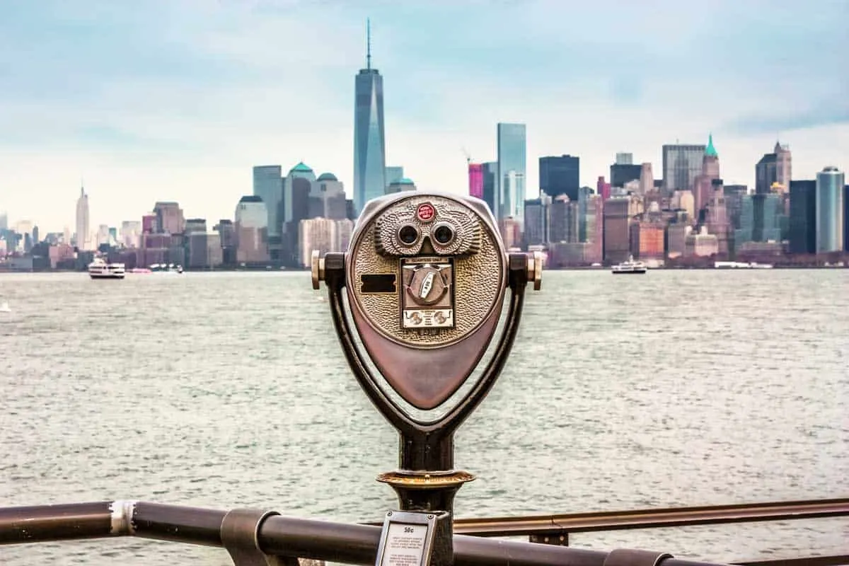 New York Coin operated binoculars with city skyline in the background.