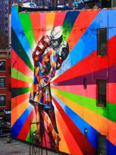 Colourful mural in New York of a sailor kissing a girl.