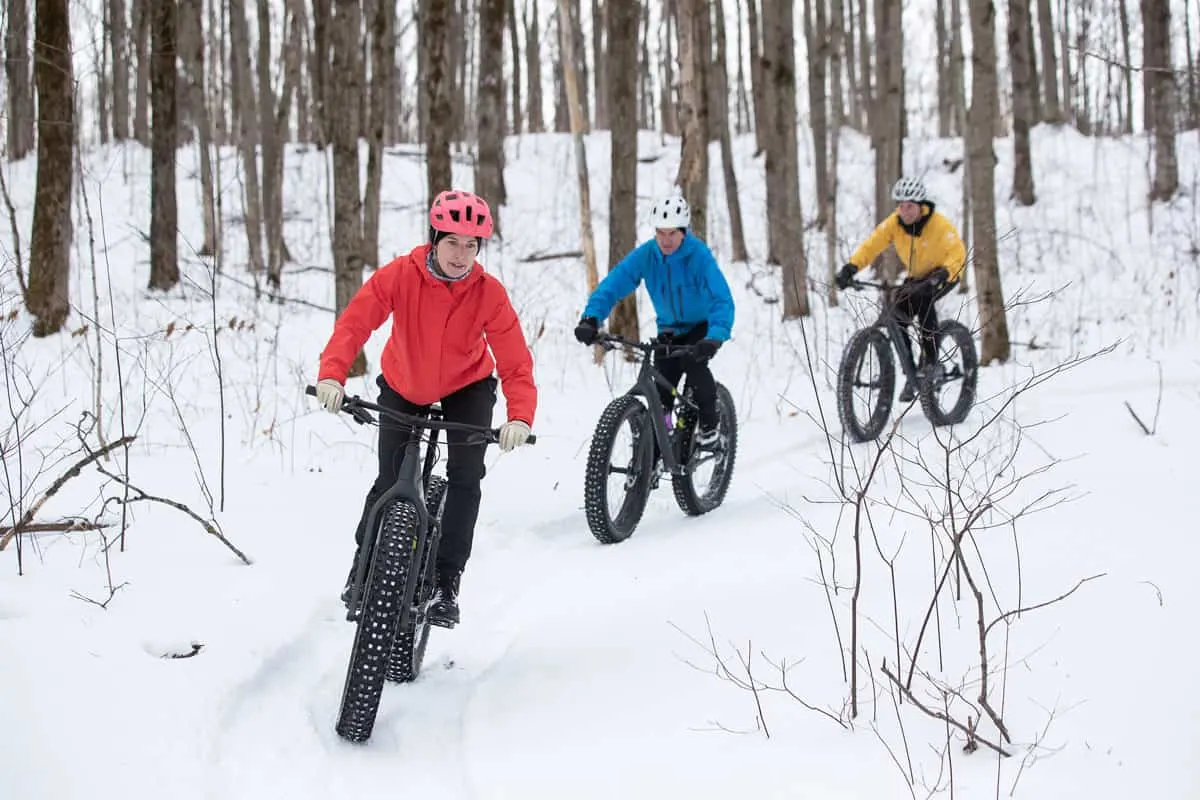 Group of three people fat tire biking in the snow.