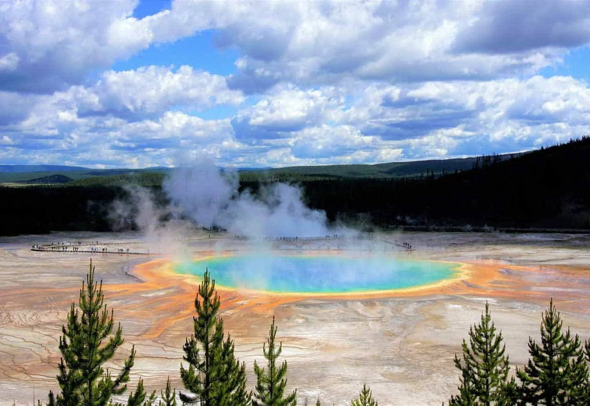 The Grand Prismatic Spring in Yellowstone National Park with thermal steam and brightly coloured water.