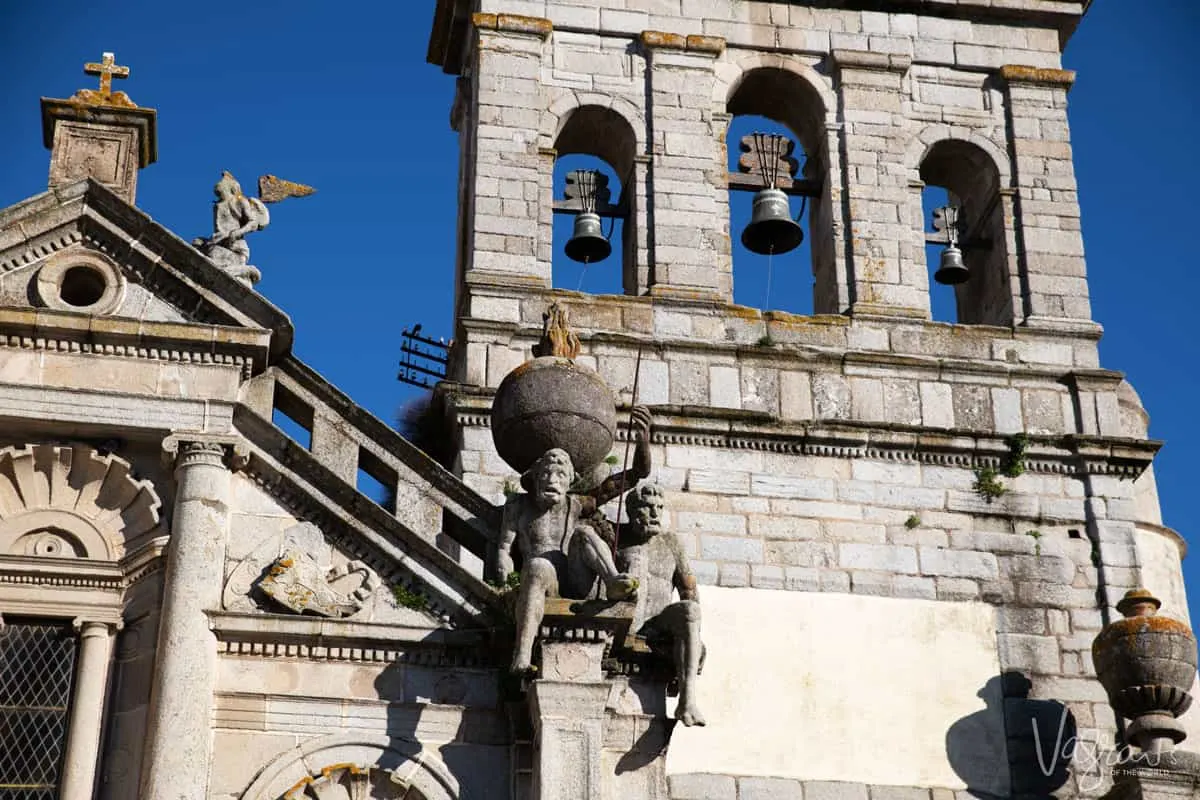 Church facade and bell tower in Evora Portugal. 