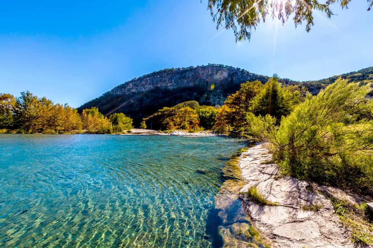 The clear waters of the Frio River in Garner State Park Texas.