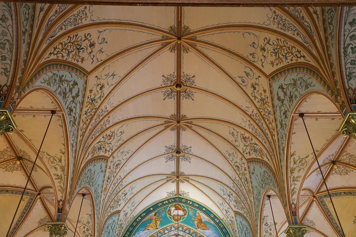 Ornately painted dome church ceiling with gilded trimmings in Schulenburg Texas.