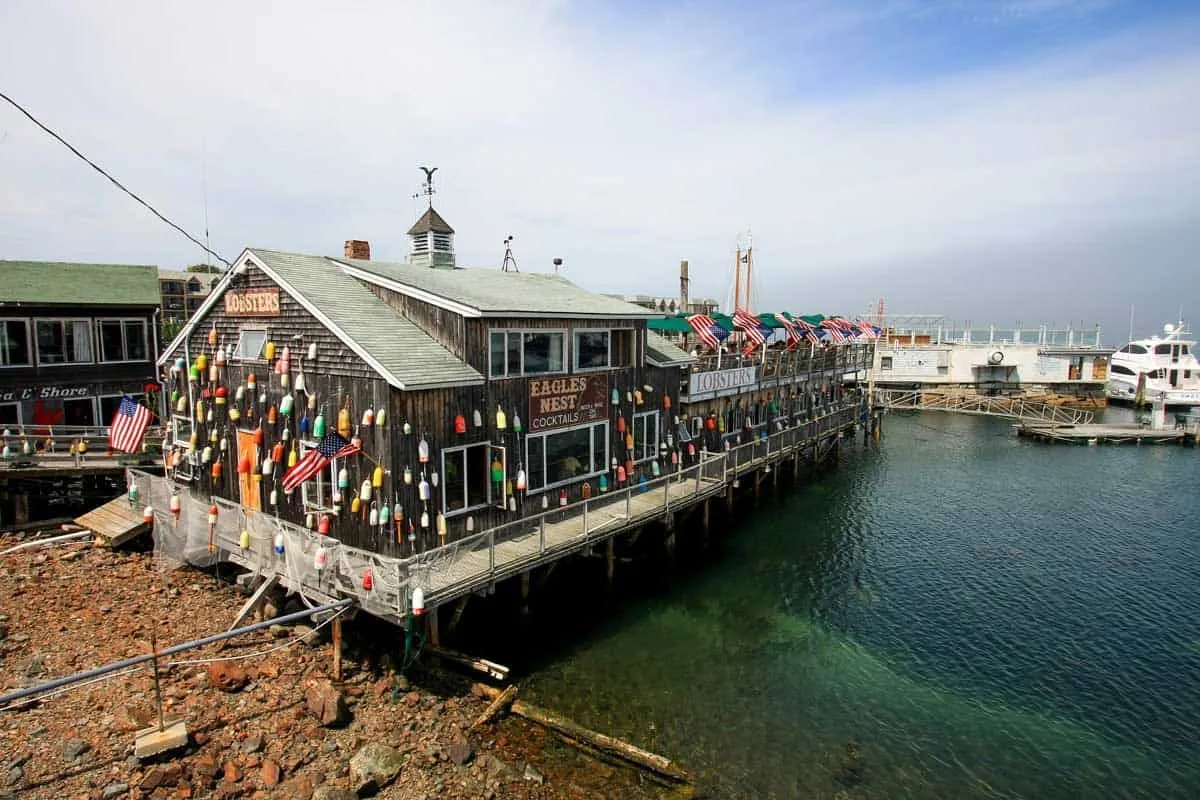 Lobster restaurant on a fishing wharf in Bar Harbor Maine.