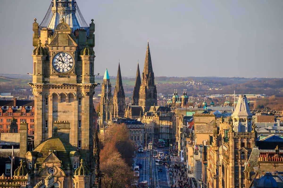 Looking down the main street of Edinburgh from above.