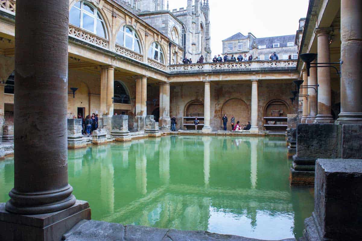 The main pool in the Roman Baths in Bath England.