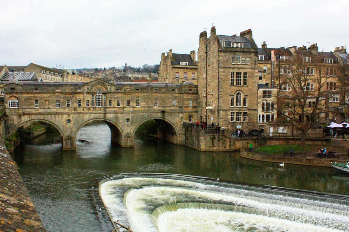 The Pultney Bridge and weir in Bath England.