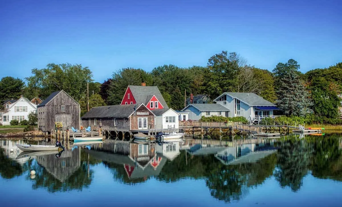 Colourful waterfront houses in Kennebunkport Maine.