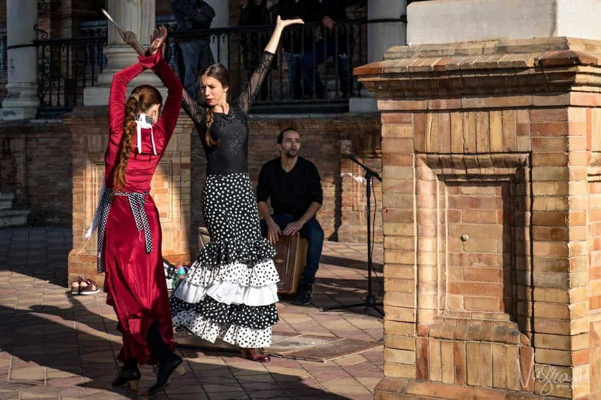 Two femal e flamenco dancers in Seville Spain.