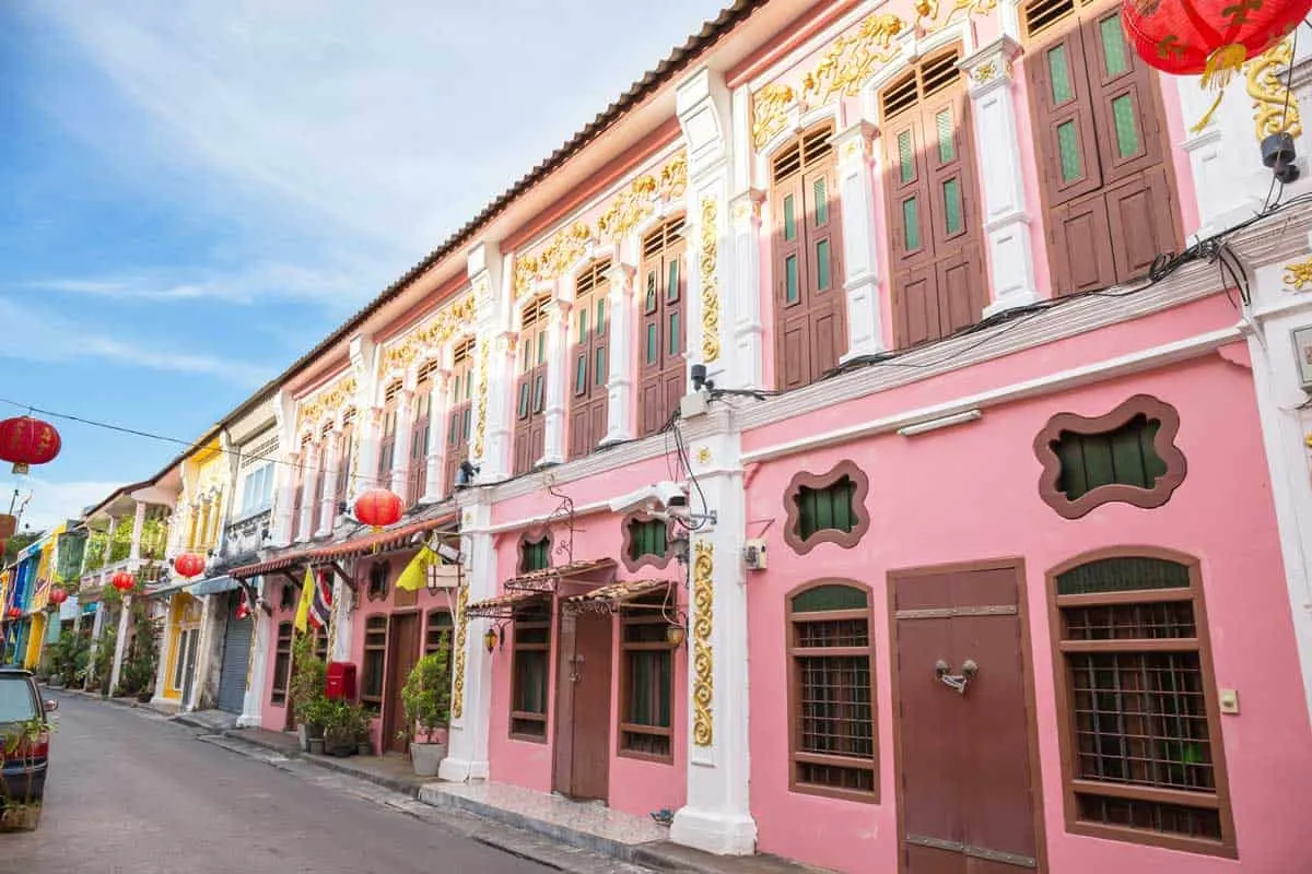 Colourful Portuguese, chinese heritage buldings in Phuket Old Town in Thailand. 