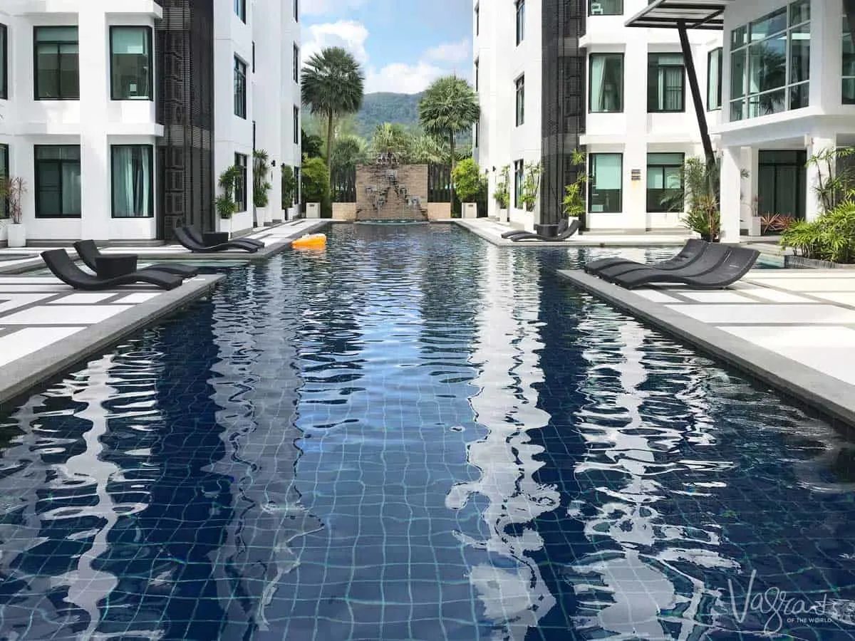 Long swimming pool in the middle of a Phuket resort. 