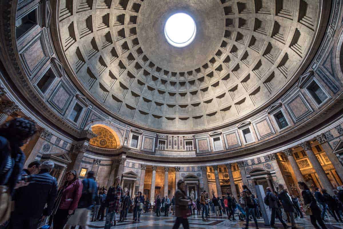 Inside the Pantheon in Rome showing the hole in the domed roof. 