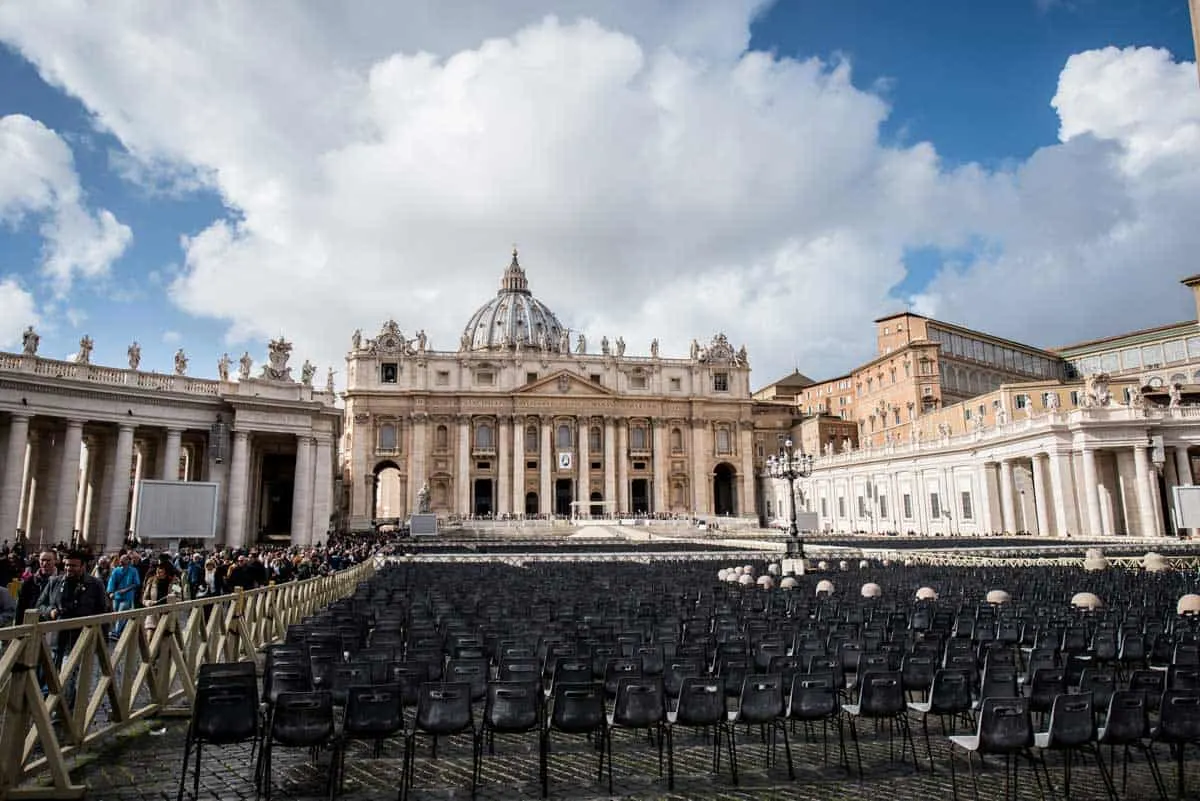 St Peter's Basilica seen from the end of St Peter's Square. 