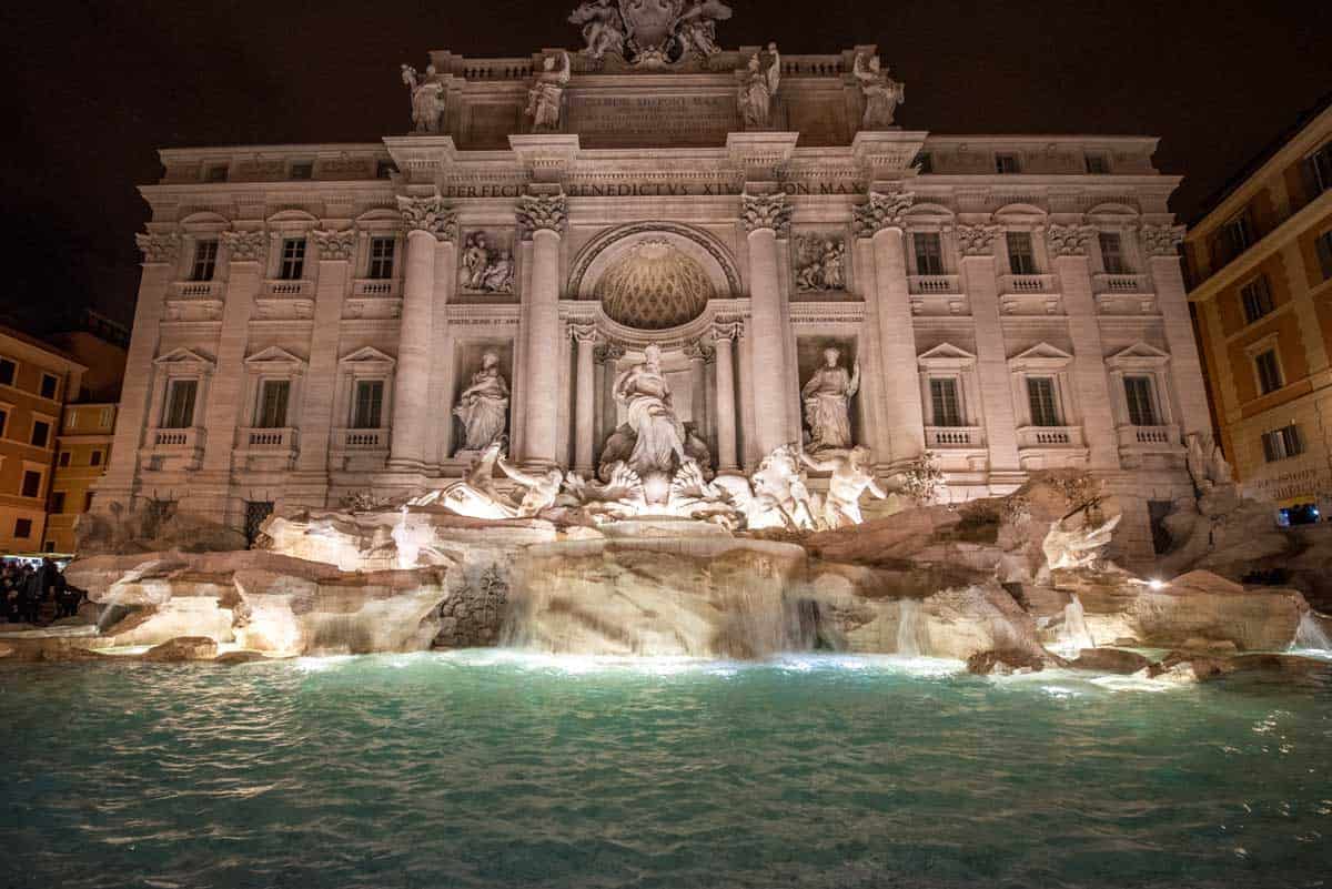 The Trevi Fountain at night.