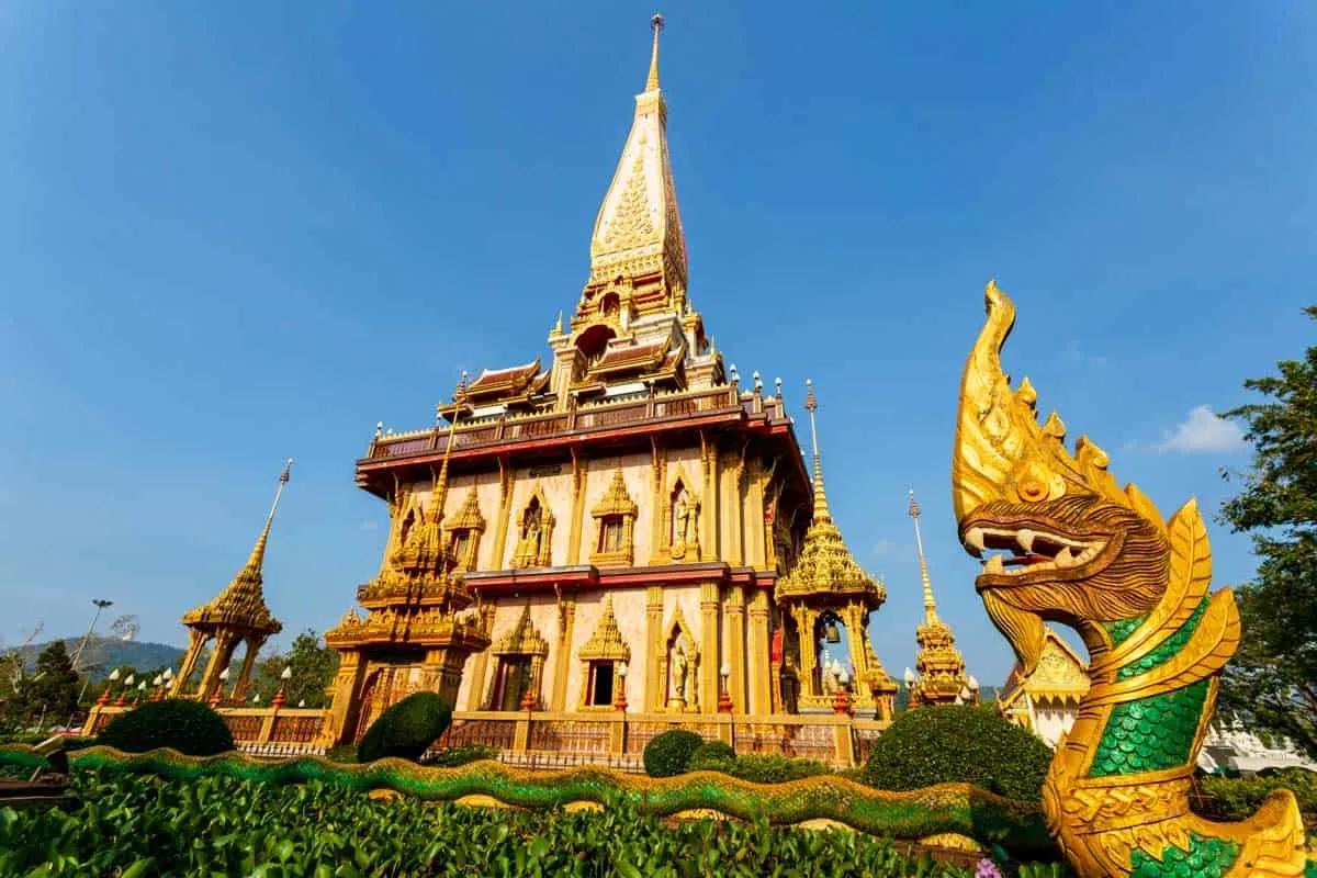 The golden exterior of Wat Chalong Temple in Phuket Thailand. 