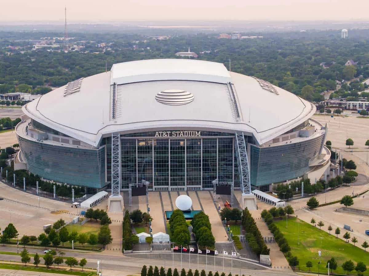 Aerial view of AT&T stadium in Arlington Texas.