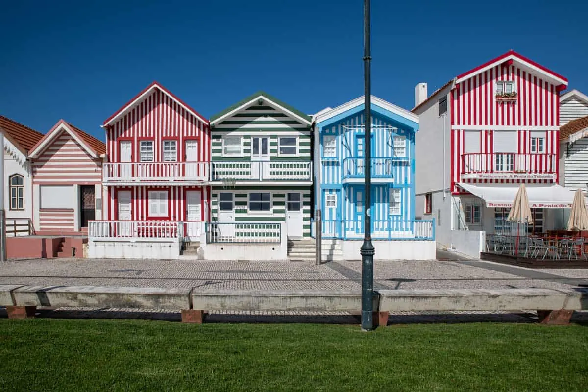 Colourful striped houses in Costa Nova Portugal. 