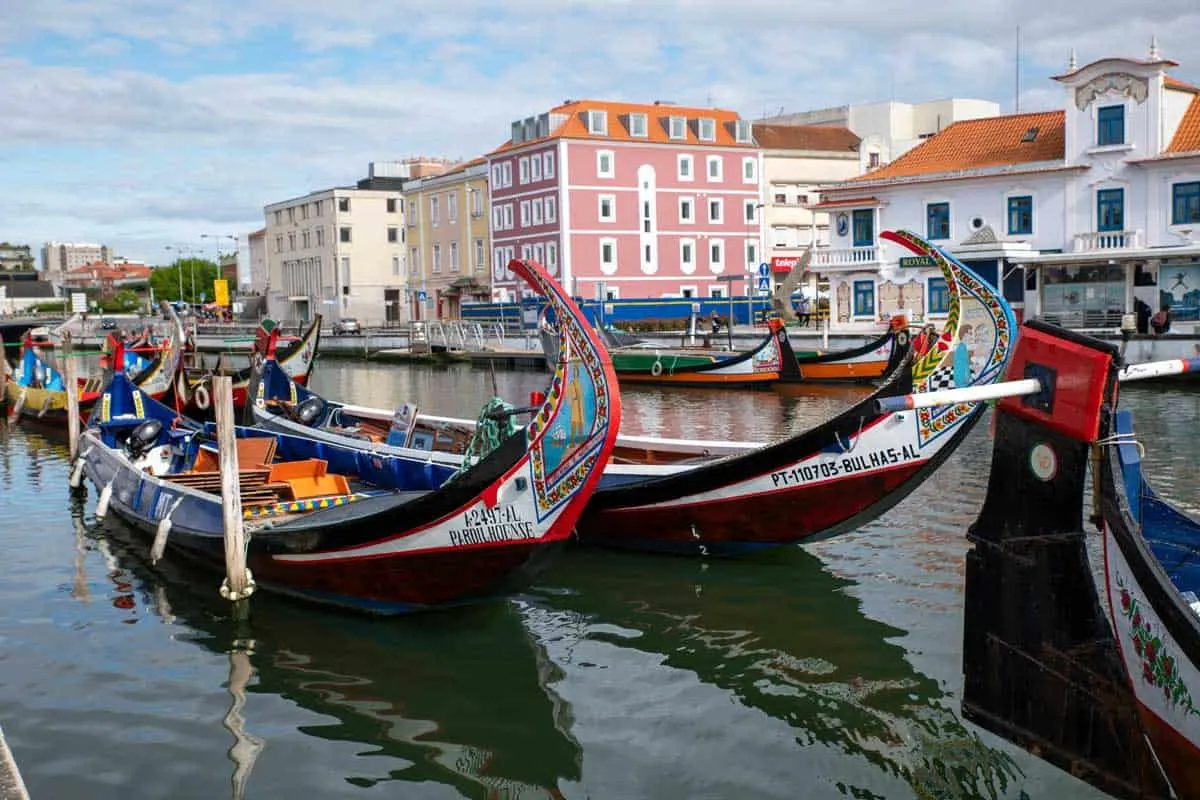Traditional Barcos Moliceiros boats in Aveiro Portugal.