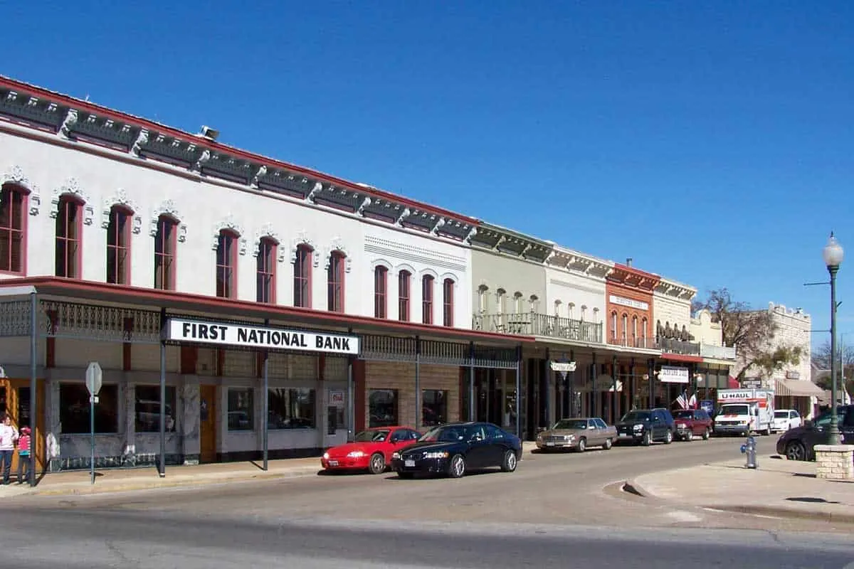 Typical country main street in the town of Granbury Texas. 
