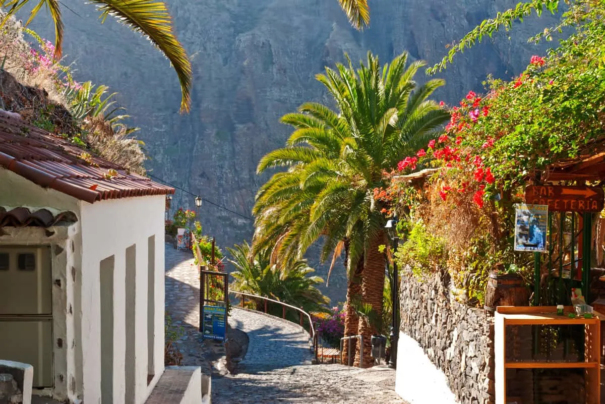 Cobble stone streets and cafe in the village of Masca in Tenerife