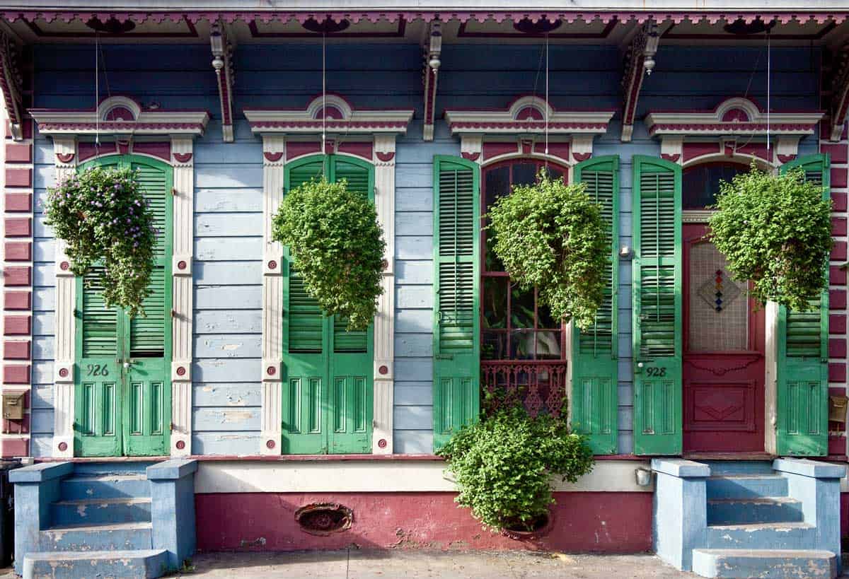 Hanging plants in front of French style New Orleans houses.