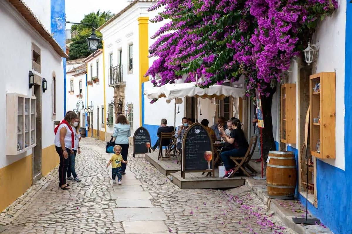 Cobblestone streets with colourful bougainvillea in Obidos Portugal. 