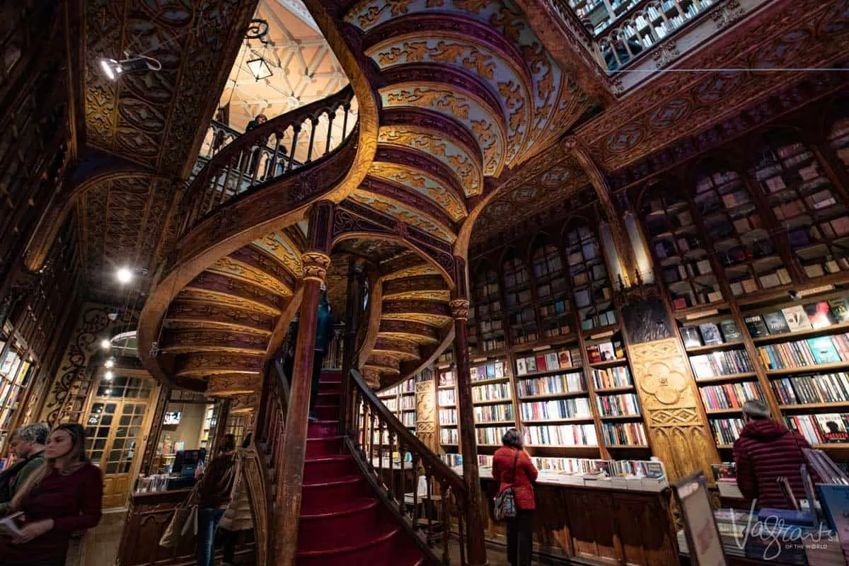 Inside the ornate Livraria Lello Bookshop in Porto Portugal.