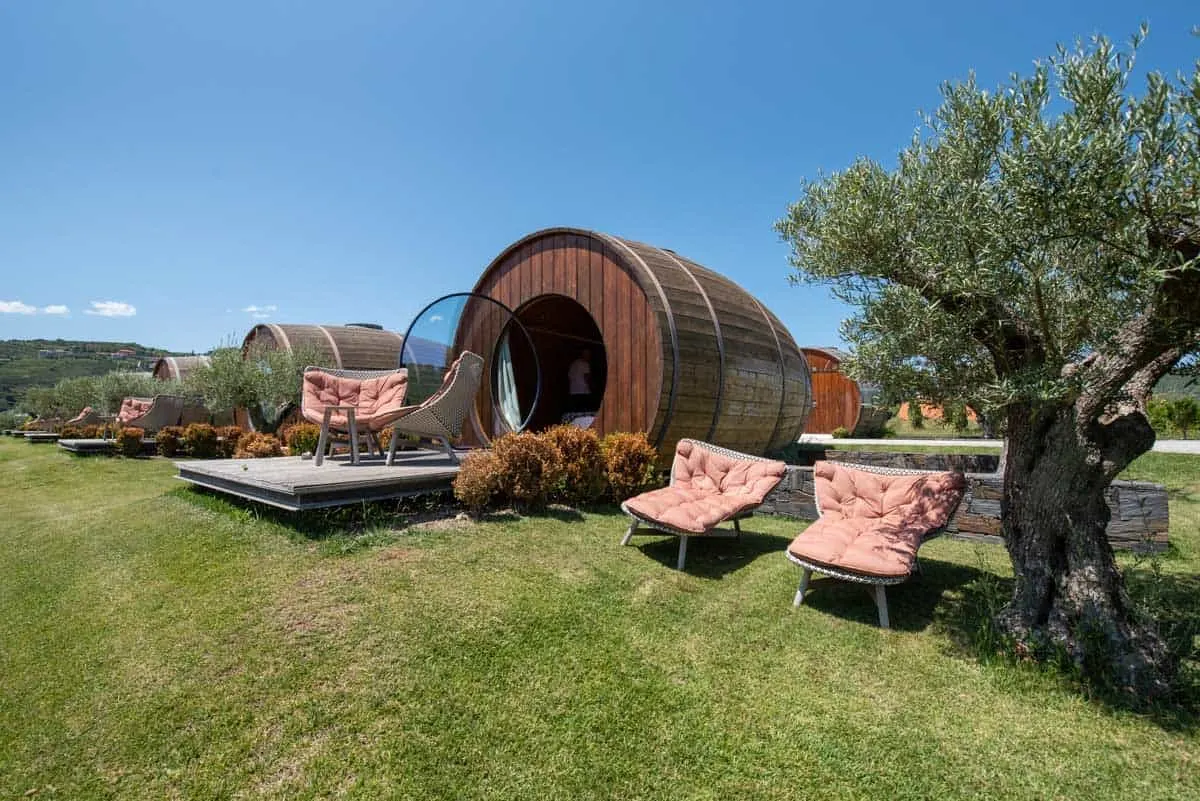 A luxury wine barrel hotel room at a winery in the Douro Valley Portugal. 
