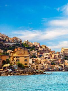 Looking over the sea towards the city and castle of Calabria in Sicily.